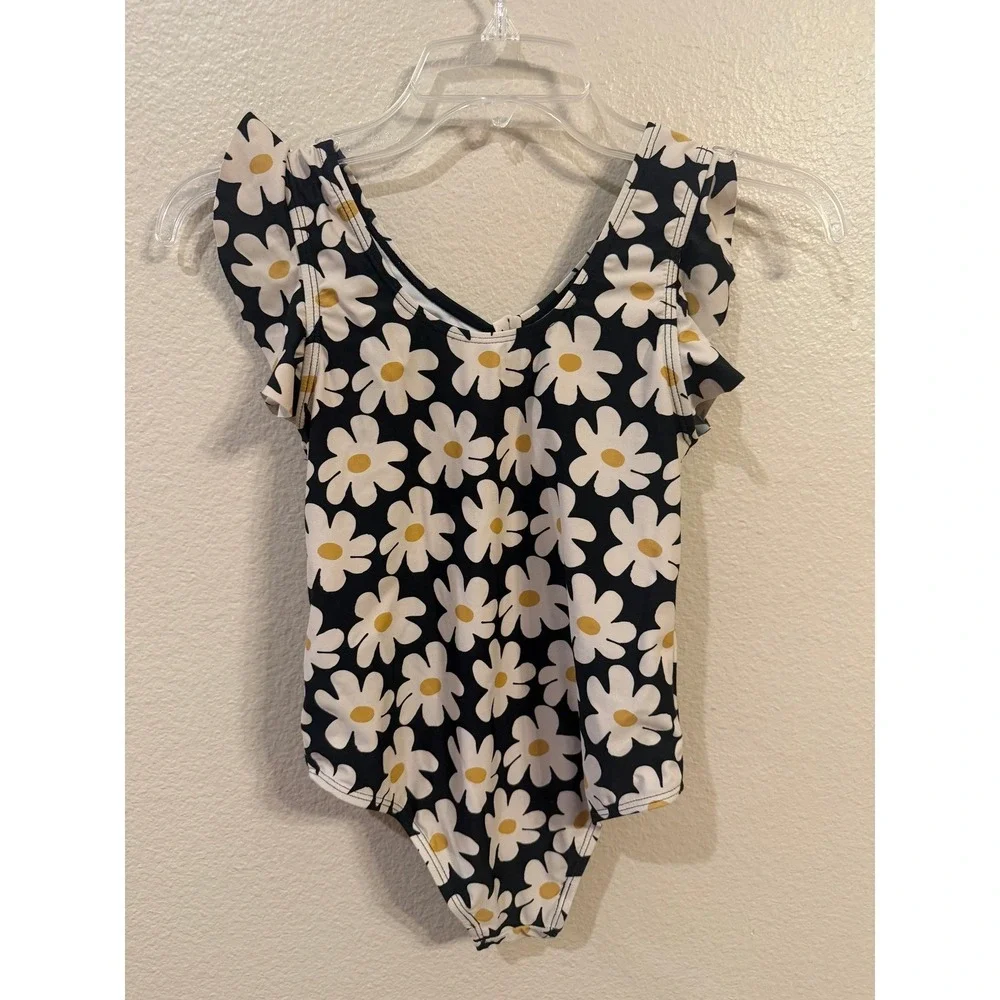 Jessica Simpson Girls Daisy Floral One Piece Swimsuit Black White Ruffle Size 10